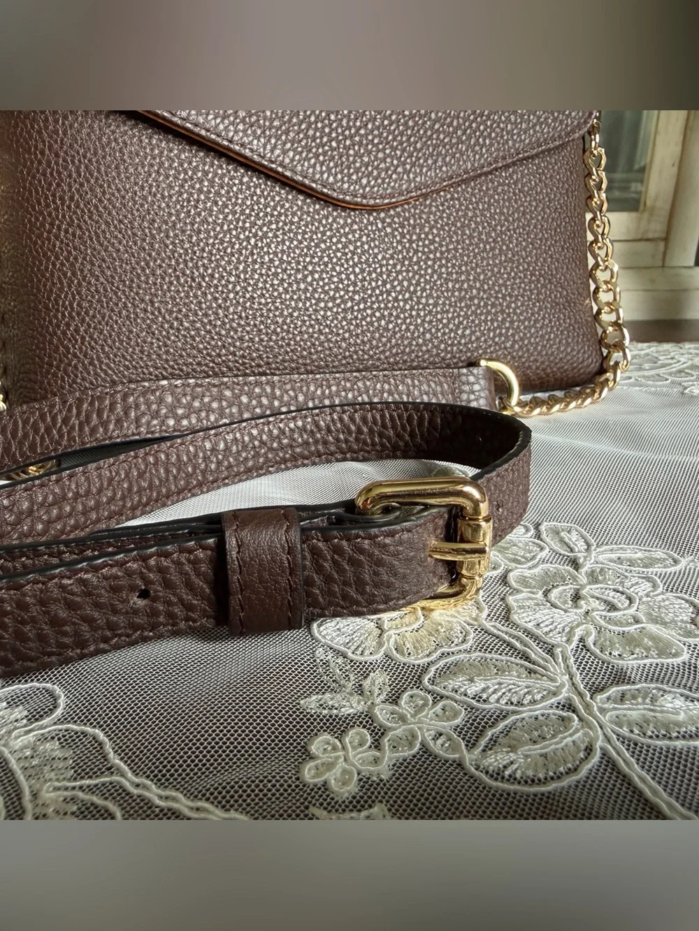 PEGAI Shrunken Calf Cafe Togo Leather Helen Crossbody Purse Bag